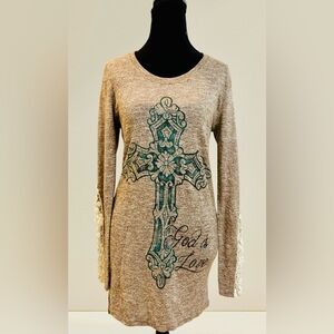 Southern Grace Brown Top with Teal Cross “God is Love”, Small